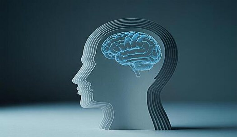 Stylized head silhouette with a glowing brain